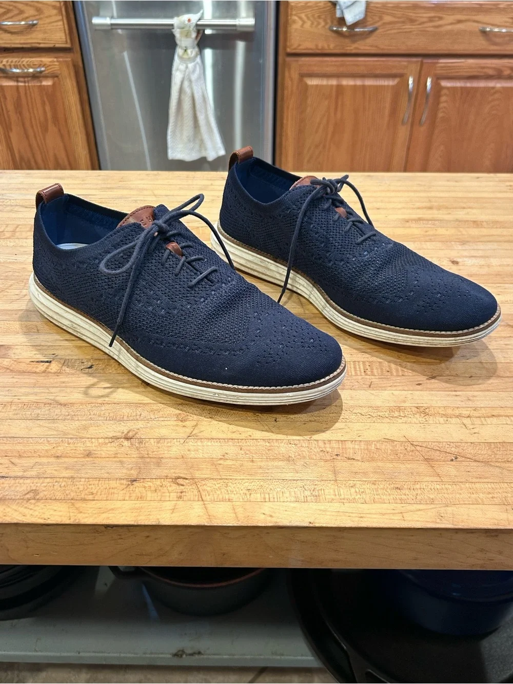 Cole Haan Navy Knit Lace-Up Slip-On Loafers with Tan Accents